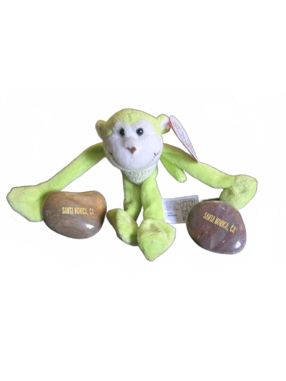Santa Monica California Souvenirs Green Plush Monkey & 2 Stones